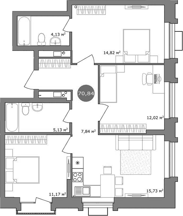 Планировка 4е-к.кв 69.70 м² в ЖК «19/56 Кварталы Телецентра»