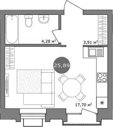 Планировка студии 25.89 м² в ЖК «19/56 Кварталы Телецентра»