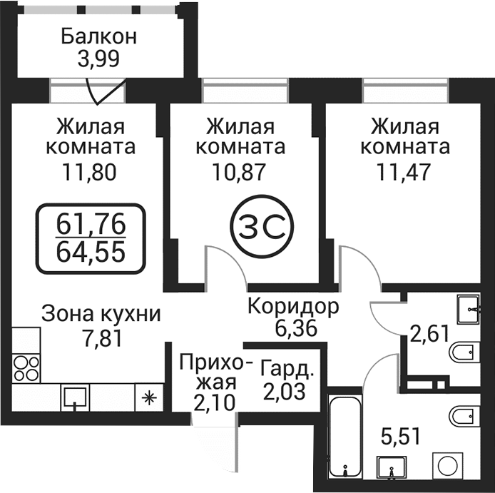Планировка 3е-к.кв 60.57 м² в ЖК «Пегас»