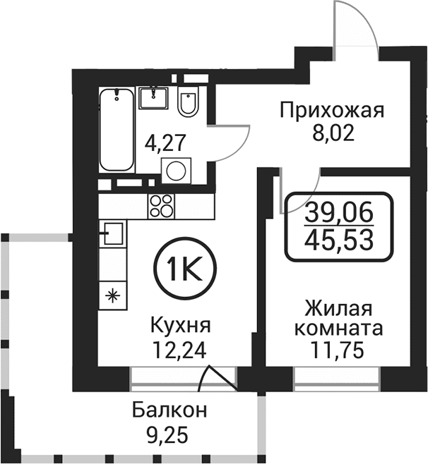 Планировка 1-к.кв 36.26 м² в ЖК «Пегас»