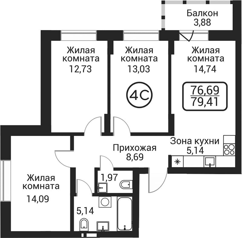Планировка 4е-к.кв 75.53 м² в ЖК «Пегас»