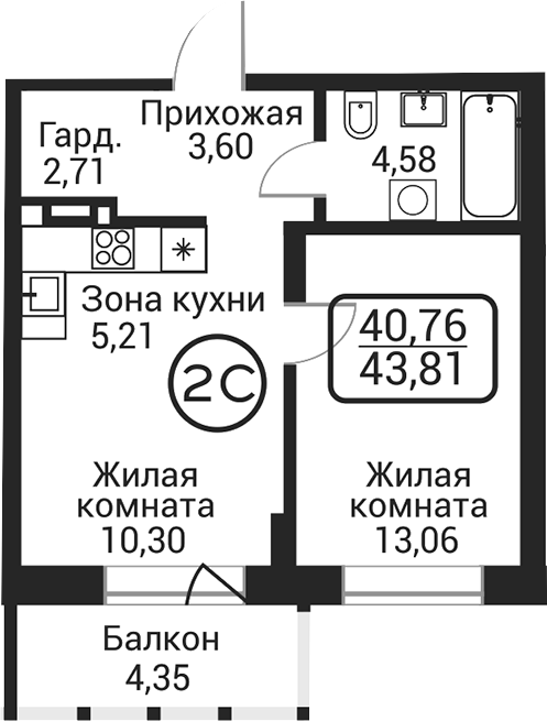 Планировка 2е-к.кв 39.45 м² в ЖК «Пегас»