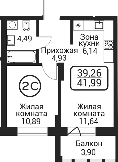 Планировка 2е-к.кв 38.09 м² в ЖК «Пегас»