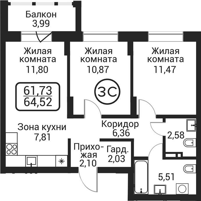 Планировка 3е-к.кв 60.53 м² в ЖК «Пегас»