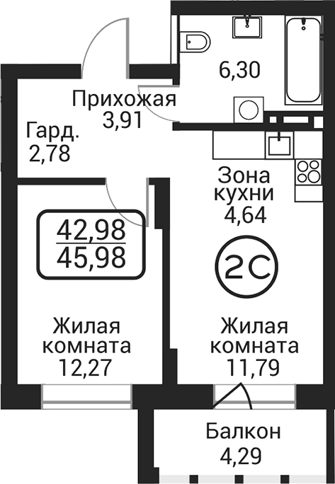 Планировка 2е-к.кв 41.69 м² в ЖК «Пегас»