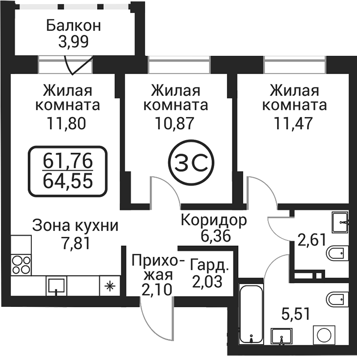 Планировка 3е-к.кв 60.56 м² в ЖК «Пегас»