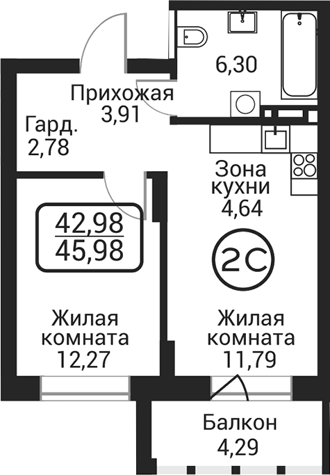 Планировка 2е-к.кв 41.69 м² в ЖК «Пегас»