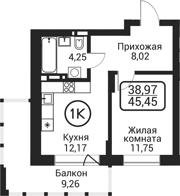 Планировка 1-к.кв 36.20 м² в ЖК «Пегас»