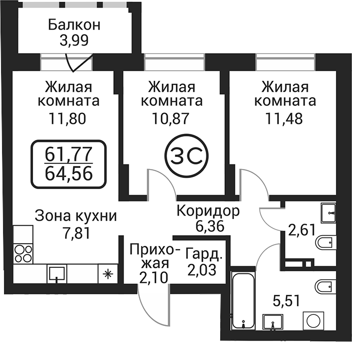Планировка 3е-к.кв 60.57 м² в ЖК «Пегас»