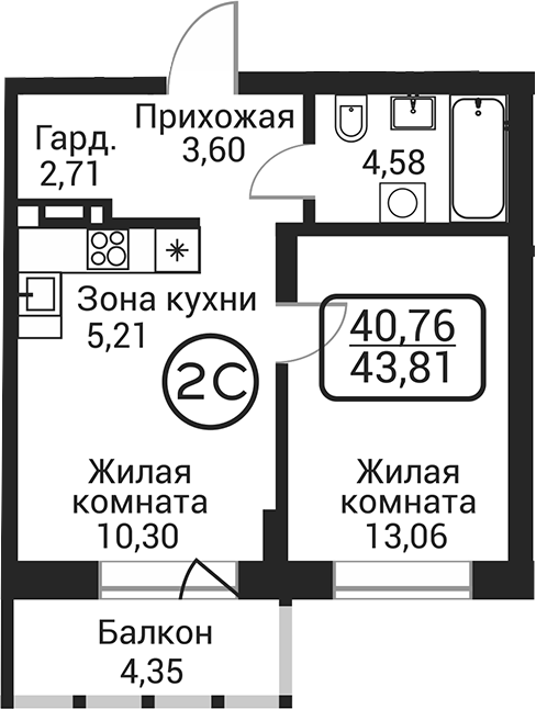 Планировка 2е-к.кв 39.45 м² в ЖК «Пегас»