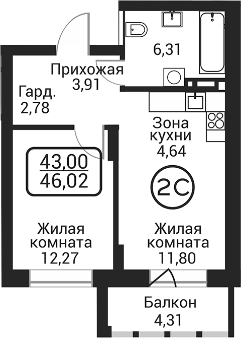 Планировка 2е-к.кв 41.71 м² в ЖК «Пегас»