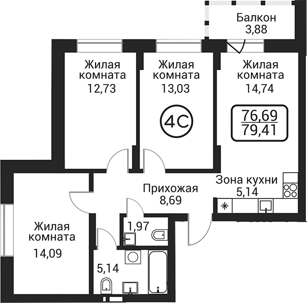 Планировка 4е-к.кв 75.53 м² в ЖК «Пегас»