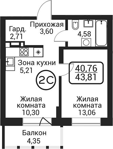 Планировка 2е-к.кв 39.45 м² в ЖК «Пегас»