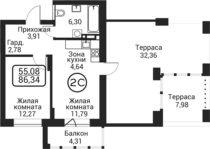 Планировка 2е-к.кв 41.69 м² в ЖК «Пегас»