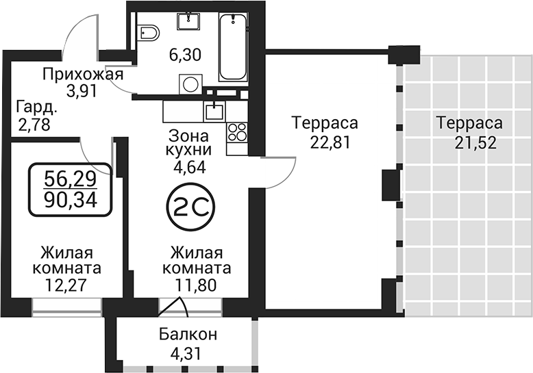 Планировка 2е-к.кв 41.70 м² в ЖК «Пегас»
