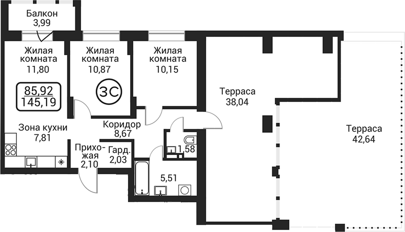 Планировка 3е-к.кв 60.52 м² в ЖК «Пегас»