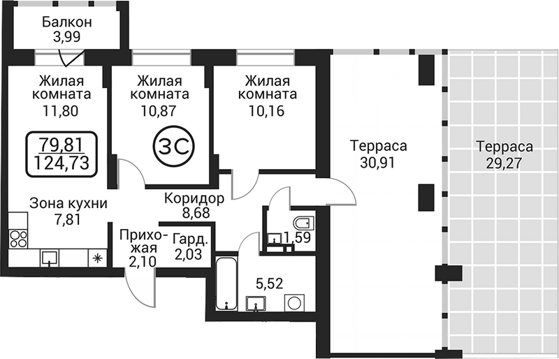 Планировка 3е-к.кв 60.56 м² в ЖК «Пегас»