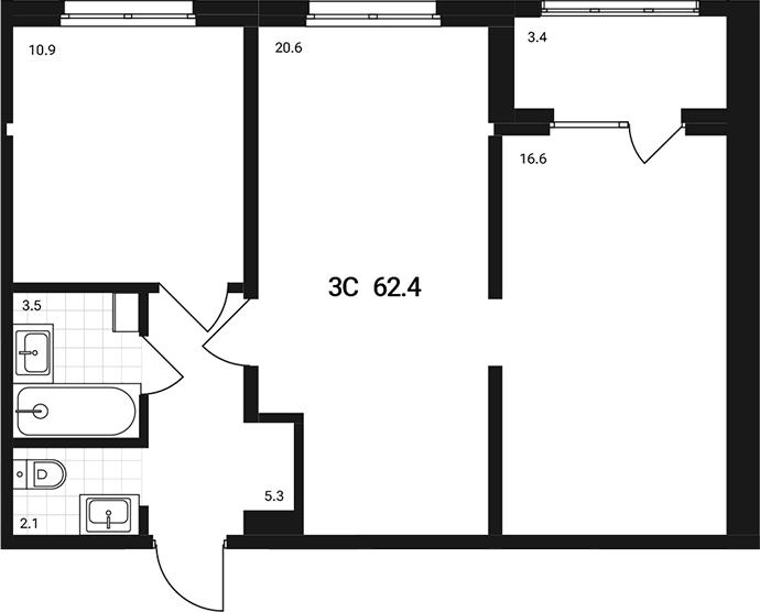 Планировка 3е-к.кв 59.00 м² в ЖК «Аэрополис»