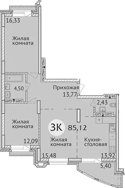 Планировка 3е-к.кв 78.52 м² в ЖК «Заельцовский New»