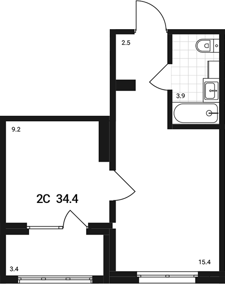 Планировка 2е-к.кв 31.00 м² в ЖК «Аэрополис»