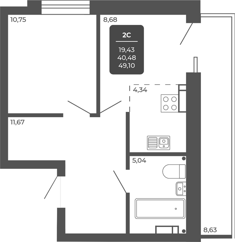Планировка 2е-к.кв 40.47 м² в ЖК «НОВА АПАРТ»
