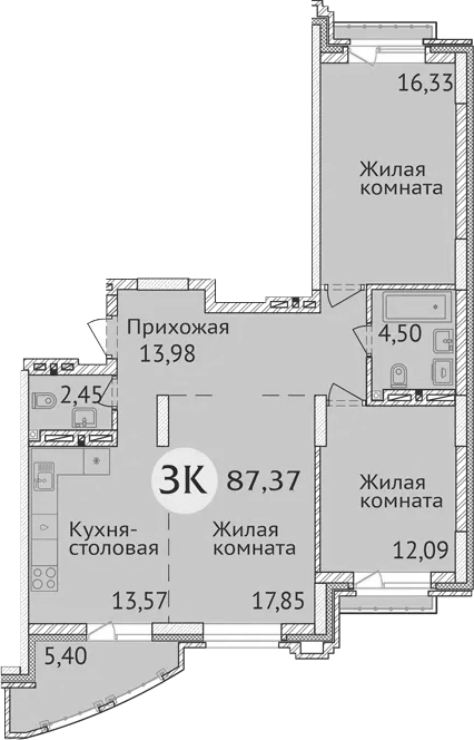 Планировка 3е-к.кв 80.77 м² в ЖК «Заельцовский New»