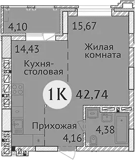 Планировка студии 38.64 м² в ЖК «Заельцовский New»