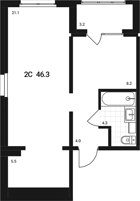 Планировка 2е-к.кв 43.10 м² в ЖК «Аэрополис»