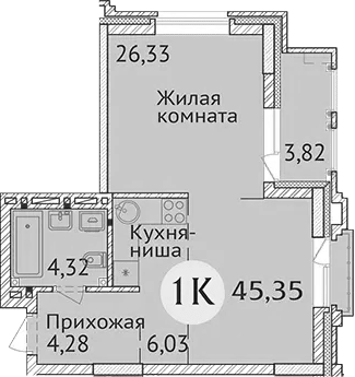 Планировка студии 40.96 м² в ЖК «Заельцовский New»