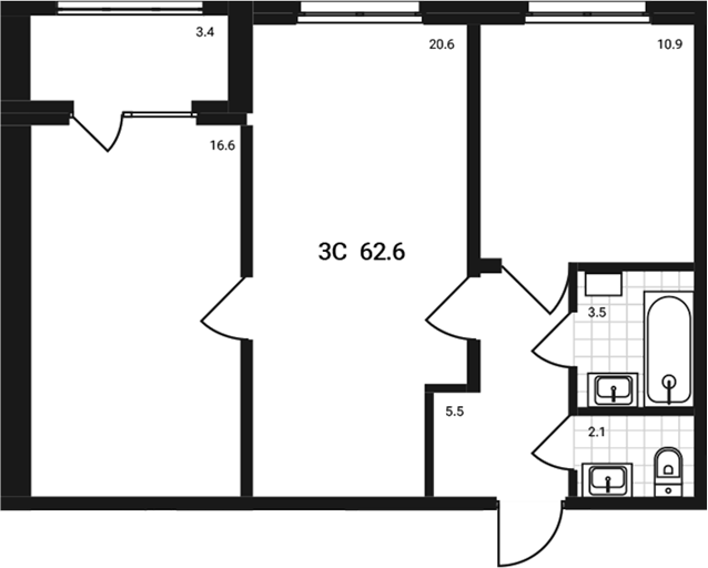 Планировка 3е-к.кв 59.20 м² в ЖК «Аэрополис»