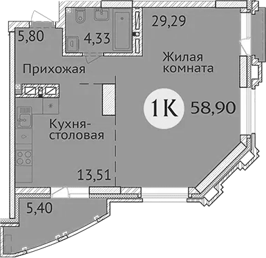 Планировка 1-к.кв 52.93 м² в ЖК «Заельцовский New»