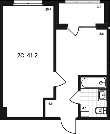 Планировка 2е-к. квартира 38.00 м² в ЖК «Аэрополис»