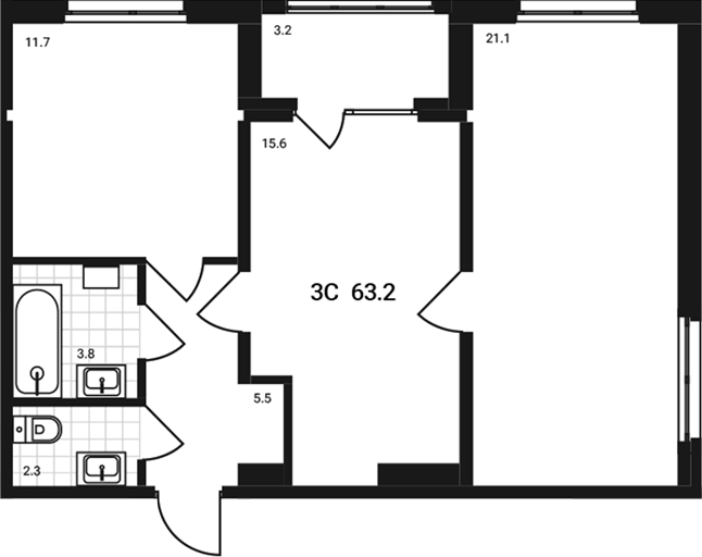 Планировка 3е-к.кв 60.00 м² в ЖК «Аэрополис»
