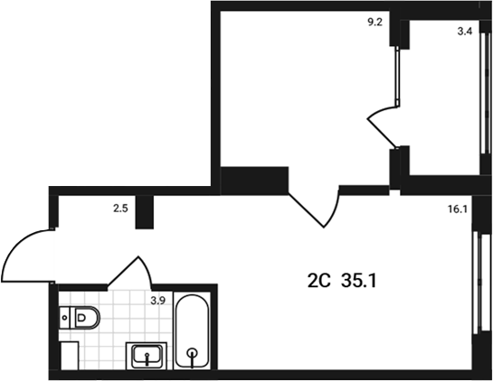 Планировка 2е-к.кв 31.70 м² в ЖК «Аэрополис»