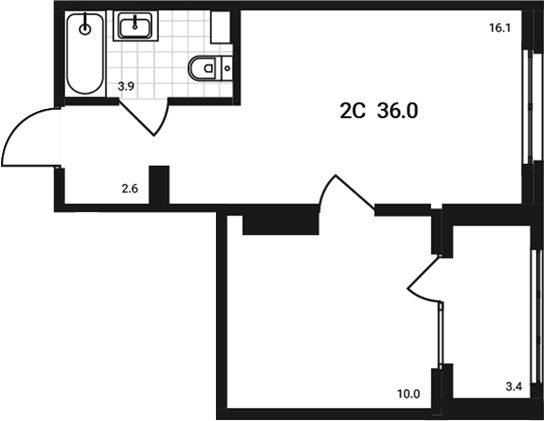 Планировка 2е-к.кв 32.60 м² в ЖК «Аэрополис»