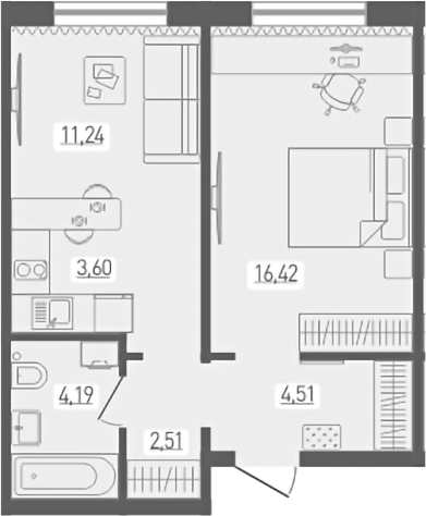 Планировка 2е-к. квартира 42.47 м² в ЖК «Радуга Сибири»