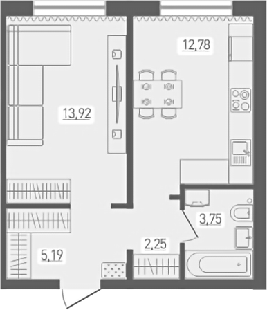 Планировка 1-к.кв 37.89 м² в ЖК «Радуга Сибири»