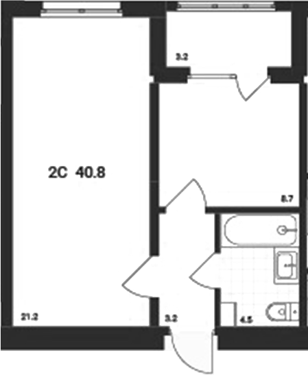 Планировка 2е-к.кв 37.60 м² в ЖК «Аэрополис»