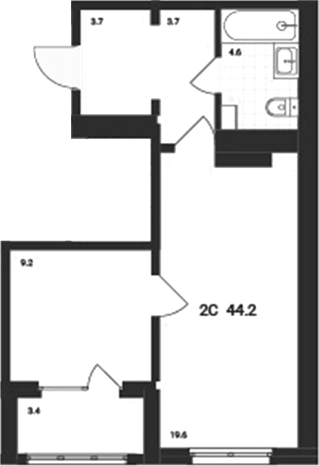 Планировка 2е-к.кв 40.80 м² в ЖК «Аэрополис»