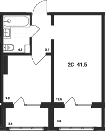 Планировка 2е-к.кв 34.70 м² в ЖК «Аэрополис»