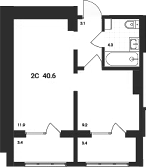 Планировка 2е-к.кв 33.80 м² в ЖК «Аэрополис»