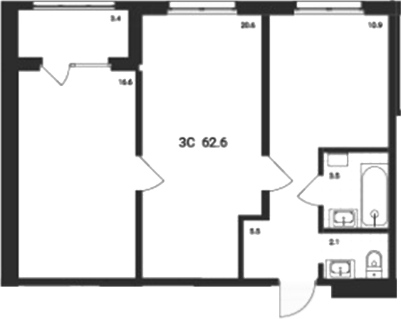 Планировка 3е-к. квартира 59.20 м² в ЖК «Аэрополис»