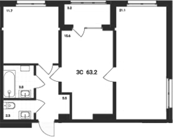 Планировка 3е-к.кв 60.00 м² в ЖК «Аэрополис»