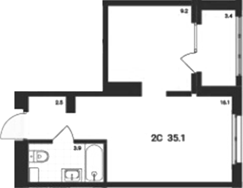 Планировка 2е-к.кв 31.70 м² в ЖК «Аэрополис»
