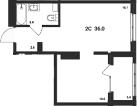 Планировка 2е-к.кв 32.60 м² в ЖК «Аэрополис»