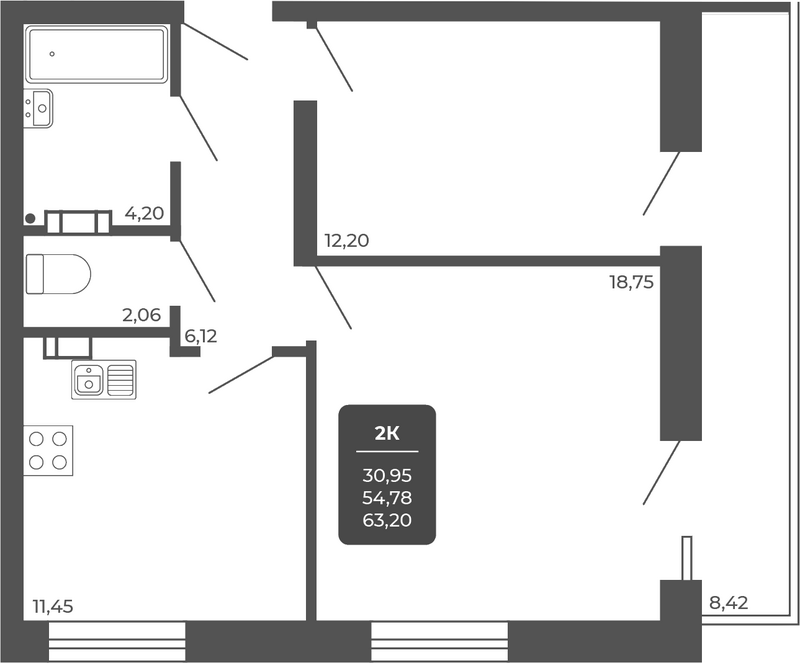 Планировка 2-к.кв 53.68 м² в ЖК «НОВА АПАРТ»