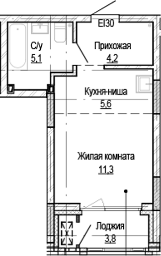 Планировка студии 24.30 м² в ЖК «Кварталы Немировича-2»