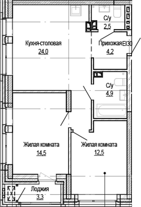 Планировка 2-к.кв 61.00 м² в ЖК «Кварталы Немировича-2»