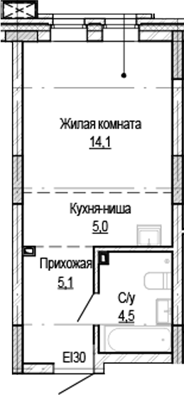 Планировка студии 28.60 м² в ЖК «Кварталы Немировича-2»