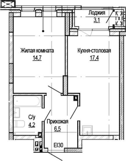 Планировка 1-к.кв 41.20 м² в ЖК «Кварталы Немировича-2»